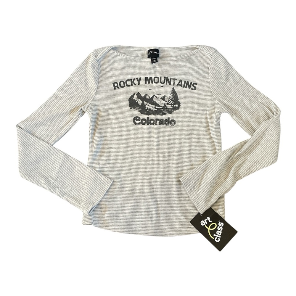 Art Class heathered Gray Striped Rocky Mountains long sleeve Tee small (6/7)